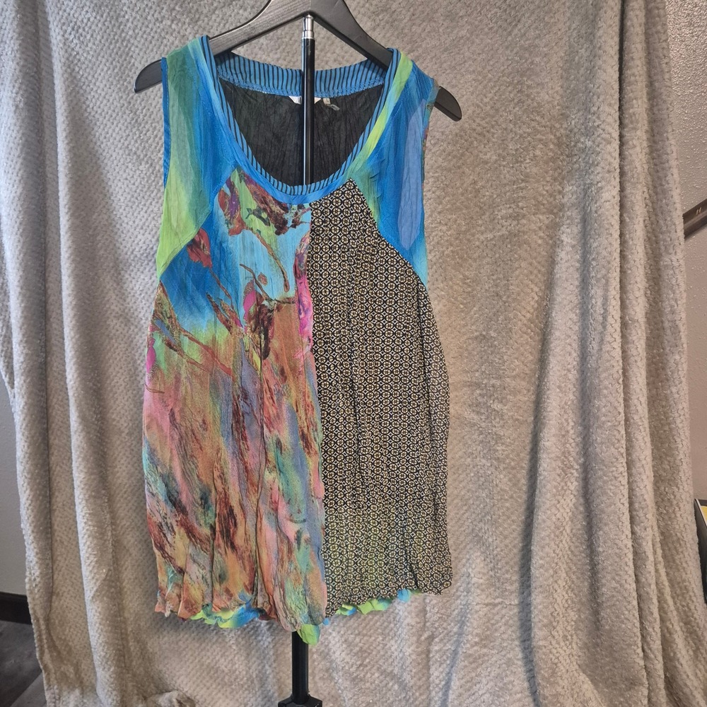 Kaktus Womens Large Mixed Media Abstract Geo Print Sleeveless Tunic Top Blue L